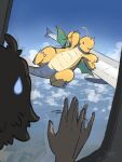  &gt;_&lt; 1boy afterimage airplane_interior antennae blue_sky claws cloud day dragon dragonite english_commentary flying hand_on_window pokemon pokemon_(creature) robinlovesop sky sweatdrop waving waving_arms window wings 