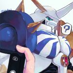  ? armor blue_eyes cellphone digimon digimon_(creature) fake_horns helmet horned_helmet horns kira_(kira_dra) looking_at_viewer omegamon out_of_frame phone shoulder_armor simple_background speech_bubble spikes taking_picture upper_body white_background 