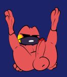  1-upclock amphibian anthro balls big_balls big_penis blue_background face_mask feet frog genitals hi_res huge_balls male penis red_body ren_(1-upclock) simple_background solo spread_legs spreading thick_thighs 