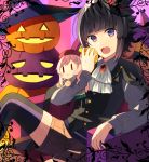  :o bangs black_hair black_hat blunt_bangs brown_shorts commentary doll eating english_commentary eyebrows_visible_through_hair fangs food fruit halloween hat holding holding_doll holding_food holding_fruit jack-o'-lantern looking_at_viewer original purple_eyes short_hair shorts sitting spiked_hair striped striped_legwear top_hat vampire witch_hat yukichi_(eikichi) |_| 