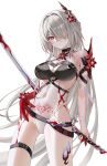  1girl absurdres acheron_(honkai:_star_rail) bare_shoulders belt black_belt black_choker blhazx breasts chinese_commentary choker cleavage commentary_request cowboy_shot flower grey_hair hair_flower hair_intakes hair_ornament hair_over_one_eye halterneck highres holding holding_sword holding_weapon honkai:_star_rail honkai_(series) large_breasts leg_tattoo long_hair looking_at_viewer midriff navel official_alternate_color pubic_tattoo red_eyes red_flower revision scabbard sheath sheathed simple_background solo standing stomach sword tattoo thigh_strap thighs very_long_hair weapon white_background 
