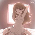  1girl :d absurdres arm_behind_head arm_up armpits artist_name backlighting bare_shoulders bed bloom blunt_bangs blush_stickers brown_hair child_gf_(orenji) clothed_sex covered_navel covered_nipples dress english_commentary flat_chest girl_on_top highres implied_sex indoors long_hair looking_at_viewer meganethings on_bed original paid_reward_available pov shy sleeveless sleeveless_dress smile smug sweatdrop twitter_username variant_set white_dress 