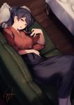  arm_across_waist bangs black_hair blue_hakama blush breasts hair_ribbon hakama half-closed_eyes hand_up houshou_(kantai_collection) indoors japanese_clothes kantai_collection kimono kyouya_(mukuro238) long_hair lounge lying medium_breasts on_side open_mouth pantyhose pillow ponytail red_kimono ribbon sidelocks signature solo tabi tasuki white_background 