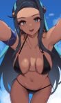  1girl :d aqua_hair ass_visible_through_thighs bikini black_bikini black_hair blue_eyes breasts breasts_apart dark-skinned_female dark_skin earrings haneramu highres hoop_earrings jewelry large_breasts leaning_forward long_hair looking_at_viewer multicolored_hair navel nessa_(pokemon) pokemon pokemon_swsh smile solo swimsuit two-tone_hair wet 