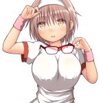  1girl blush breasts brown_eyes brown_hair buruma gym_shirt gym_uniform hairband highres kantai_collection kuromayu large_breasts looking_at_viewer natori_(kancolle) open_mouth red-framed_eyewear shirt short_hair short_sleeves smile solo teeth upper_teeth_only white_shirt 