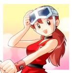  1girl :d breasts brown_hair commentary_request dress fujiko_f_fujio_(style) goggles goggles_on_head helmet long_hair looking_at_viewer medium_breasts open_mouth retro_artstyle riimu_stream science_fiction shirai_sanjirou simple_background sleeveless smile solo tp_bon wristband 