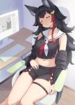  1girl absurdres animal_ear_fluff animal_ears bare_shoulders black_choker black_hair black_shirt black_shorts breasts chair chocolate choker collarbone computer desk hair_ornament highres hololive indoors kajitsu_no_hito keyboard_(computer) large_breasts long_hair midriff monitor multicolored_hair navel ookami_mio shirt shorts sitting skindentation sleeping solo stomach thigh_strap two-tone_hair wolf_ears wolf_girl 