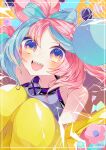  1girl :d aqua_hair bare_shoulders bow-shaped_hair character_hair_ornament flower hair_ornament heart highres iono_(pokemon) jacket long_hair long_sleeves looking_at_viewer multicolored_hair off_shoulder open_mouth pink_hair pokemon pokemon_sv sharp_teeth sleeves_past_fingers sleeves_past_wrists smile teeth to_camellia twitter_username two-tone_hair upper_body upper_teeth_only yellow_jacket 