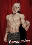  1boy 1girl absurdres blue_eyes devil_may_cry_(series) devil_may_cry_5 highres holding jewelry kiss lips looking_at_viewer male_focus maozhu necklace nose realistic smile solo tooth_necklace topless_male upper_body v_(devil_may_cry) 