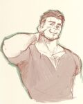  1boy arm_around_neck bara beard_stubble blush brown_theme chest_hair_peek cropped_torso facial_hair green_eyes highres light_smile looking_at_viewer male_focus mature_male muscular muscular_male orc original pectoral_cleavage pectorals rradius_art short_hair shy sketch solo sparse_chest_hair spot_color stubble thick_eyebrows tusks 