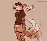  2024 anthro biped black_clothing black_shirt black_t-shirt black_topwear bottomless bottomless_anthro bottomless_male brown_body brown_fur canid canine canis cantio_(lawyerdog) choker clothed clothing coyote digital_media_(artwork) fishnet_clothing fishnet_legwear fur hat headgear headwear jewelry lawyerdog legwear male mammal monotone_background multicolored_body multicolored_fur necklace shirt simple_background solo speech_bubble t-shirt tail tail_motion tailwag tan_background tan_body tan_fur topwear white_body white_fur 