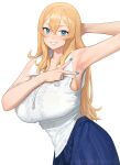  1girl arm_up armpits blonde_hair blue_eyes blue_nails blue_skirt blush breasts claire_lamund_(nhaliz) collared_shirt commentary_request fingernails hair_between_eyes highres large_breasts looking_at_viewer midriff_peek mole_above_eye nail_polish nhaliz original paid_reward_available presenting_armpit shirt simple_background skirt sleeveless sleeveless_shirt smile solo spread_armpit upper_body white_background white_shirt 