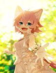  1girl animal_ear_fluff animal_ears antenna_hair blue_eyes blurry blurry_background dress fangs flower flower_bracelet highres koharutokoharu open_mouth original outdoors pink_hair reaching reaching_towards_viewer short_hair sleeveless sleeveless_dress smile solo sunlight 