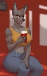  anthro athletic athletic_anthro athletic_female bottomwear bra brown_body brown_fur canid canine canis clothed clothing container cup dfaop faygo_(foxtoad) female fully_clothed fur hi_res looking_at_viewer mammal midriff open_mouth pants smile solo sports_bra thick_thighs underwear wolf 