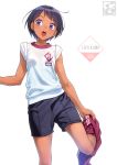  :o blue_eyes blue_hair breasts collarbone dark_skin eyebrows_visible_through_hair gym_shorts gym_uniform highres original pairan pants pants_around_one_leg short short_hair shorts simple_background sleeves_rolled_up small_breasts solo standing standing_on_one_leg tomboy track_pants undressing white_background 