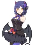  :q arms_behind_back asymmetrical_legwear bare_shoulders black_choker black_dress black_legwear blue_hair blush bow bowtie breasts chikuwa_(majihima) choker cleavage cowboy_shot cross-laced_clothes demon_girl demon_tail demon_wings dress eyebrows_visible_through_hair flower frilled_dress frills halloween halloween_costume horns large_breasts mole mole_under_eye nijisanji purple_legwear purple_neckwear ribbon rose shizuka_rin short_hair simple_background solo tail tongue tongue_out virtual_youtuber white_background wings yellow_eyes 