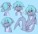  2019 :3 absurd_res ankle_fin anthro black_eyes black_stripes blep blue_background blue_hair breasts colored dorsal_fin eyebrows eyes_closed featureless_breasts female fin fish graskip grey_body hair happy head_fin hi_res looking_at_viewer marine merfolk multicolored_body multiple_expressions noseless open_mouth ponytail shaded shark sharp_teeth side_view simple_background smile solo split_form striped_body stripes tail tail_fin teeth tied_hair tongue tongue_out two_tone_body white_body yellow_sclera 