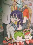  android blue_eyes chair character_doll character_name dr._slump glasses gloves green_hair hat highres indoors lab_coat machinery monodevil norimaki_arale norimaki_gajira red_footwear shoes sitting sneakers soldering_iron standing thighhighs white_thighhighs wire yellow_gloves 