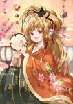  :d banamons big_hair bird blurry blurry_background dated food fruit gold_trim granblue_fantasy hands_up highres instrument japanese_clothes kimono long_hair looking_at_viewer mahira_(granblue_fantasy) open_mouth orange orange_kimono red_eyes sepia smile solo tambourine very_long_hair wide_sleeves 