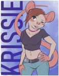  2018 5_fingers anthro blue_eyes breasts brown_hair buckteeth clothed clothing crop_top female hair mammal midriff mouse navel one_eye_closed rodent shirt solo standing teeth unimpressive 