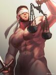  1boy abs bara black_hair blindfold closed_mouth completely_nude covered_eyes facial_hair golden_kamuy holding holding_sword holding_weapon large_pectorals long_sideburns male_focus mature_male muscular muscular_male navel nipples nopinzo nude pectorals short_hair sideburns simple_background solo sword tanigaki_genjirou twitter_username weapon white_blindfold 