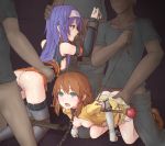  2girls bdsm blue_eyes bondage bound brown_hair censored clothed_sex collar cum cum_on_body doggystyle fellatio fire_emblem fire_emblem:_akatsuki_no_megami fire_emblem:_souen_no_kiseki green_eyes hair_ornament long_hair mist_(fire_emblem) multiple_girls nintendo oral purple_hair rape rope sex slave tagme wayu_(fire_emblem) 