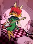  2019 absurd_res anthro antlers apron biped blonde_hair checkered checkered_floor clothed clothing deer electric_guitar eyelashes feet female fingers fur green_apron green_clothing guitar hair hi_res hooved_fingers hooves horn mammal mug musical_instrument name_tag one_eye_closed orange_body orange_fur painting_(artwork) plucked_string_instrument red_hair remy_boydell solo splash string_instrument traditional_media_(artwork) velvet_(velvetomo) wink 