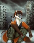 alternative_fashion anthro camo camo_print canid canine cigarette city cityscape clothing crouching fan_character hi_res male mammal maned_wolf nytrodioxide punk shirt slav_squat smoking smoking_cigarette solo tank_top topwear