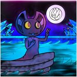 2024 3_fingers :3 anthro bat_ears big_ears black_sclera boat border bruguadeh_snake colored digital_drawing_(artwork) digital_media_(artwork) dreamjakl duo eyelashes fangs female fingers hand_on_chest hi_res kanara mountain multicolored_sky night on_boat open_mouth outside pupils purple_body purple_skin reaching_up red_pupils reptile sailing_boat sailing_watercraft scalie sky snake spirit teeth vehicle water watercraft white_border white_glow yellow_eyes