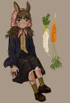  1girl animal_ears ankle_socks bandaid bandaid_on_hand bandaid_on_leg brown_background brown_hair carrot curly_hair dark-skinned_female dark_skin food_request full_body head_scarf highres io_(onisarashi) jacket light_frown looking_at_viewer midair original plaid plaid_skirt rabbit_ears rabbit_girl skirt socks solo suit_jacket 