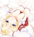  1girl alternate_costume bed_sheet blonde_hair blue_eyes boldcats breasts breasts_apart collarbone covered_nipples darkness_(konosuba) detached_sleeves downblouse frilled_sleeves frills hair_ornament hand_up highres japanese_clothes kimono kono_subarashii_sekai_ni_shukufuku_wo! large_breasts long_sleeves looking_at_viewer looking_up lying miko on_back open_clothes open_kimono open_mouth solo thighhighs thighs white_kimono white_thighhighs x_hair_ornament 