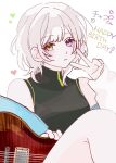  1girl 72_(mi5_o_en) absurdres bang_dream! bang_dream!_it&#039;s_mygo!!!!! bare_legs black_shirt closed_mouth commentary electric_guitar english_commentary english_text expressionless guitar happy_birthday heart heterochromia highres holding holding_guitar holding_instrument instrument kaname_raana looking_at_viewer medium_hair purple_eyes shirt sitting sleeveless sleeveless_shirt solo v white_hair yellow_eyes 