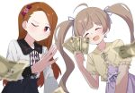  2girls :d absurdres ahoge banknote blue_skirt blurry blurry_foreground blush brown_hair capelet closed_eyes collarbone dress hakozaki_serika highres holding holding_money idolmaster long_hair looking_at_viewer minase_iori money multiple_girls one_eye_closed orange_hair pink_dress purple_eyes shirt shirt_tucked_in short_sleeves simple_background skirt smile twintails white_background white_shirt yellow_capelet 