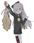  1girl :d @_@ absurdres blunt_bangs cephalopod fangs fishing_lure grey_hair hair_ornament hair_over_one_eye highres long_hair original oyasu_miyo_(vreparty) rabbit_hair_ornament simple_background single_thighhigh smile sweater thighhighs vreparty white_background yellow_eyes 