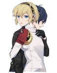  1boy 1girl aegis_(persona) android black_gloves black_hairband black_jacket blonde_hair blue_eyes blue_hair closed_eyes commentary_request elulit2 gloves gold_trim hair_between_eyes hairband highres hug jacket korean_commentary looking_at_viewer persona persona_3 persona_3_reload profile robot_ears s.e.e.s simple_background sweat white_background yuuki_makoto_(persona_3) 