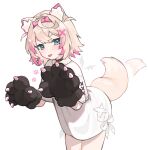  1girl :p absurdres animal_ear_fluff animal_ears animal_hands black_gloves blonde_hair blue_eyes choker dog_ears dog_girl dog_tail gloves hairband highres hololive hololive_english hoshi_usagi mococo_abyssgard no_pants paw_gloves shirt short_hair short_sleeves solo tail tail_wagging thighs tongue tongue_out white_shirt 