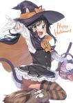  :d animal_ears asashio_(kantai_collection) basket black_cape black_hair black_legwear blue_eyes bow broom broom_riding candy cape cat_ears cat_tail commentary_request cowboy_shot cropped_legs dress ebifurya food frilled_dress frills gloves grey_dress halloween happy_halloween hat highres kantai_collection long_hair no_panties open_mouth orange_bow outstretched_arm pinafore_dress pleated_dress remodel_(kantai_collection) shirt simple_background smile solo striped striped_legwear tail thighhighs v-shaped_eyebrows white_background white_gloves white_shirt witch_hat 