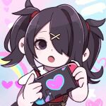  1girl :o ame-chan_(needy_girl_overdose) black_eyes black_hair collared_shirt commentary_request hair_ornament hair_over_one_eye handheld_game_console hands_up heart holding holding_handheld_game_console long_hair looking_at_viewer needy_girl_overdose nintendo_switch open_mouth rainbow red_shirt shirt skirt solo suspender_skirt suspenders upper_body x_hair_ornament yukino_super 