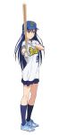  baseball_bat baseball_cap baseball_uniform blue_footwear blue_hair blue_hat blue_legwear blue_skirt brown_eyes full_body gloves hair_between_eyes hat highres holding idolmaster idolmaster_(classic) kisaragi_chihaya kneehighs long_hair looking_at_viewer miniskirt nigou nippon_professional_baseball orix_blue_wave pleated_skirt shirt shoes short_sleeves simple_background skirt sneakers solo sportswear standing very_long_hair white_background white_gloves white_shirt 