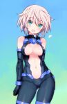  1girl 30_minutes_sisters :o absurdres aqua_eyes bare_shoulders black_gloves blue_background breasts cleavage_cutout clothing_cutout commentary_request contrapposto elbow_gloves gloves gradient_background green_background grey_hair highres looking_at_viewer medium_breasts open_mouth rishetta_(30ms) shimada_fumikane short_hair skin_tight solo stomach_cutout 