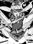  1girl absurdres asymmetrical_legwear bandaged_leg bandages black_thighhighs cape dress fingerless_gloves gloves greyscale hat highres holding holding_staff kono_subarashii_sekai_ni_shukufuku_wo! long_hair looking_at_viewer megumin mismatched_legwear monochrome open_mouth re:ankh_(mrsz4523) short_hair_with_long_locks single_thighhigh solo staff thighhighs witch_hat 