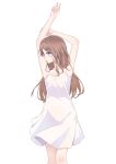  1girl armpits arms_up bang_dream! bang_dream!_it&#039;s_mygo!!!!! blue_eyes blush breasts brown_hair cleavage commentary dress gao_(gaoo_al) highres long_hair looking_at_viewer nagasaki_soyo parted_lips sidelocks simple_background solo spaghetti_strap sundress white_background white_dress 