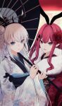  2girls absurdres animal_ears baobhan_sith_(fate) blue_eyes braid fate/grand_order fate_(series) flower grey_eyes hair_bun hair_flower hair_ornament highres holding holding_umbrella japanese_clothes kimono looking_at_viewer morgan_le_fay_(fate) mother_and_daughter multiple_girls parted_lips pink_hair pointy_ears rabbit_ears red_kimono sidelocks single_braid smile umbrella upper_body white_hair white_kimono wide_sleeves yagi_(yagi5art) 