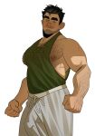  1boy absurdres ahoi_ag alternate_body_hair alternate_facial_hair avatar_legends bara black_hair blush bolin clenched_hands covered_penis facial_hair green_eyes hairy head_tilt highres huge_eyebrows large_pectorals looking_to_the_side male_focus muscular muscular_male mustache_stubble nipples pants pectorals shirt short_hair sidepec sleeveless sleeveless_shirt smile solo standing stubble the_legend_of_korra thick_arm_hair thick_chest_hair track_pants 
