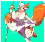  2018 4_fingers anthro areola barefoot big_breasts black_nose breasts canine cleavage clothed clothing crackiepipe diana_(daggron) dress female fox legwear looking_at_viewer mammal open_mouth open_smile panties pole sash sharp_teeth small_waist smile solo stripper_pole teeth thigh_highs tongue two_tone_background underwear upskirt 