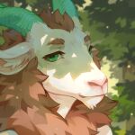  1:1 ambiguous_gender anthro bovid bust_portrait caprine corzh77 fur goat green_eyes hi_res horizontal_pupils inner_ear_fluff looking_at_viewer mammal mouth_closed narrowed_eyes outside portrait pupils solo tuft white_body white_fur white_inner_ear_fluff 