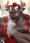  1boy animal_ear_fluff animal_ears bara blush brown_fur cerberus049 cow_ears cow_horns facial_hair furry furry_male goatee gyumao_(housamo) highres horns large_pectorals looking_at_viewer male_focus minotaur mohawk muscular muscular_male pectorals red_hair scar scar_on_face scar_on_nose short_hair singlet solo steam sweat thick_eyebrows tokyo_afterschool_summoners upper_body wiping_sweat 