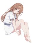  1girl bang_dream! bang_dream!_it&#039;s_mygo!!!!! barefoot belt belt_buckle blue_belt blush breasts brown_hair buckle closed_mouth commentary dress full_body gao_(gaoo_al) grey_eyes hashtag-only_commentary highres long_hair looking_at_viewer medium_breasts nagasaki_soyo puffy_short_sleeves puffy_sleeves sailor_collar sailor_dress school_uniform short_sleeves sidelocks simple_background smile solo tsukinomori_school_uniform white_background white_dress white_sailor_collar 
