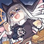  &gt;o&lt; 2girls animal_ear_headwear coif commission cross cross-shaped_pupils drink fangs food food_focus fork giant giantess girls&#039;_frontline hat holding holding_fork kar98k_(girls&#039;_frontline) madcore multiple_girls nun open_mouth p7_(girls&#039;_frontline) pixiv_commission symbol-shaped_pupils tail tears white_hair 