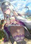  1girl bare_shoulders blush braid breasts breasts_out clothes_lift cloud cloudy_sky commission crown_braid dappled_sunlight dress elf embarrassed emilia_(re:zero) exhibitionism flower gem green_gemstone grey_hair hair_flower hair_ornament hair_ribbon highres house lips long_hair looking_at_viewer medium_breasts nipples outdoors panties panty_pull pointy_ears public_indecency public_nudity purple_eyes purple_ribbon pussy re:zero_kara_hajimeru_isekai_seikatsu ribbon rose skeb_commission skirt skirt_lift sky smile solo sunlight thighhighs tomaco underwear white_flower white_hair white_rose x_hair_ornament 